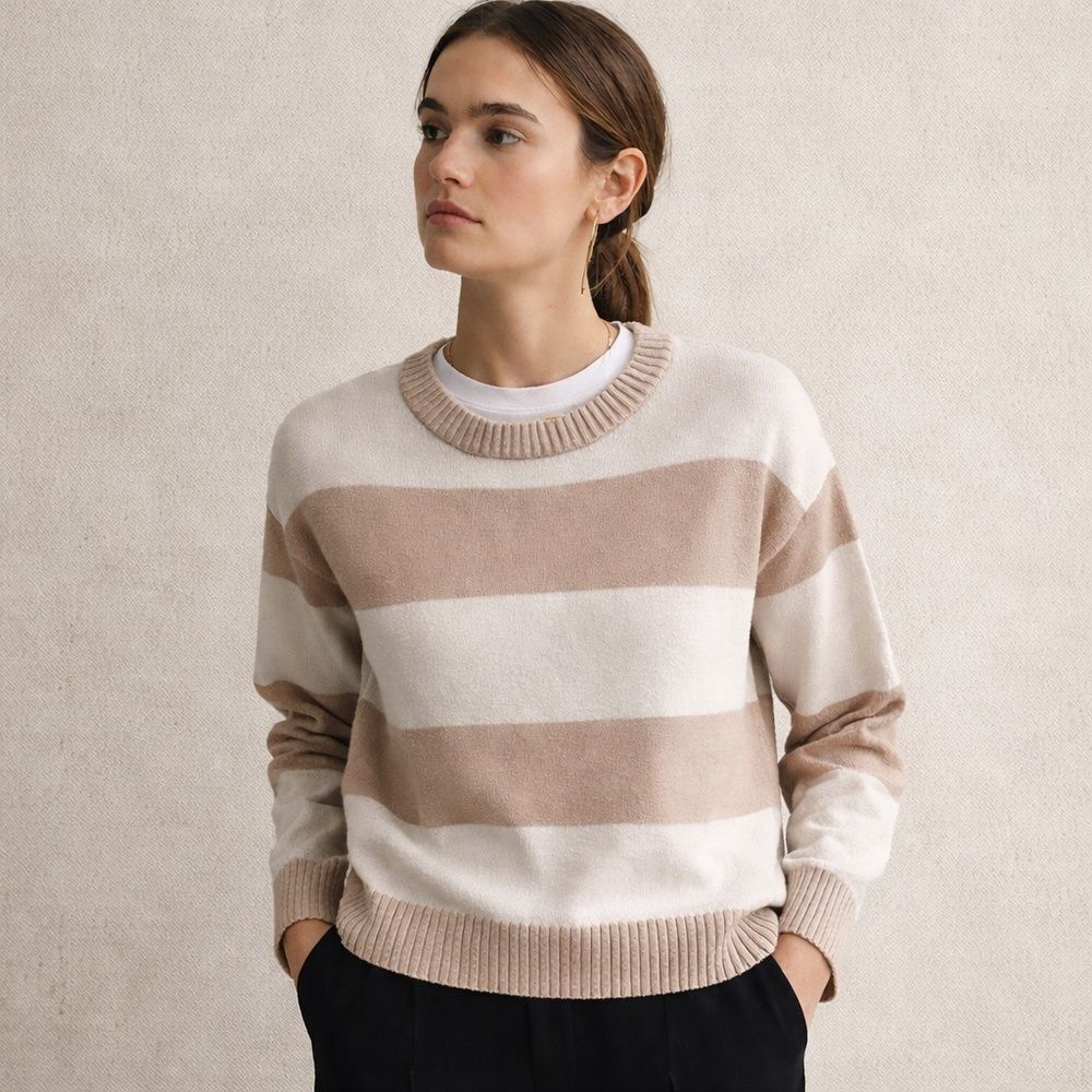 Happily Grey Neutral Stripe Crewneck Sweater Capsule Wardrobe XS